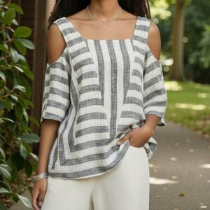 Soft Surroundings Coconut Girl Euro Summer  Cold Shoulder Linen Striped Top